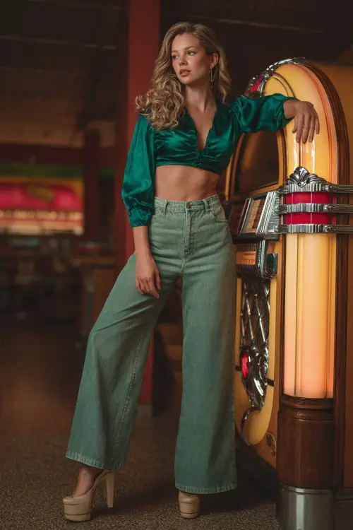 A woman in wide-leg jeans, a silky cropped blouse in emerald green, and platform heels, standing near a jukebox inside a casual fall bar 