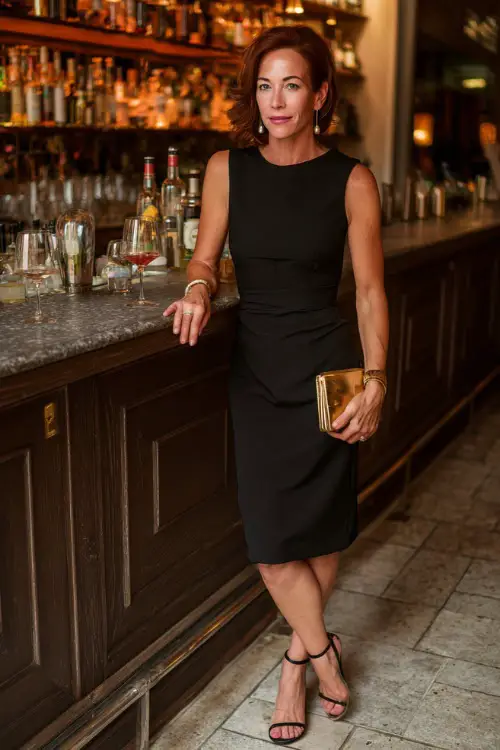 A woman over 40 in a sleek black sheath dress with strappy heels and pearl earrings, holding a clutch at a sophisticated autumn cocktail bar 