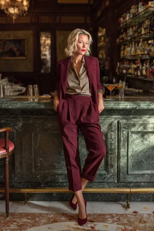 A woman over 40 in a tailored burgundy pantsuit with a silky blouse and pointed heels, standing at a marble-top cocktail bar with autumn leaves outside 