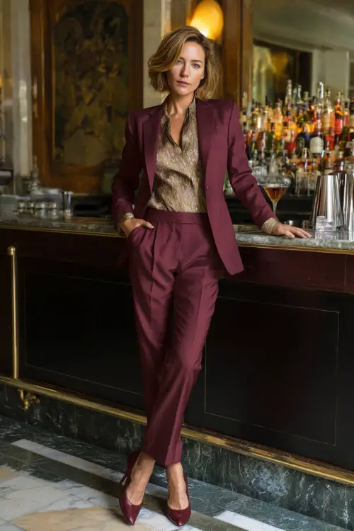A woman over 40 in a tailored burgundy pantsuit with a silky blouse and pointed heels, standing at a marble-top cocktail bar with autumn leaves outside 