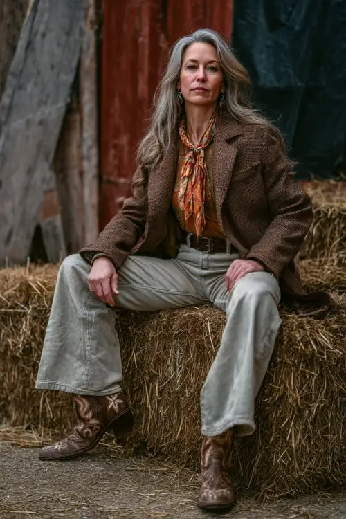 A woman over 40 in bootcut jeans, a silk blouse, and a wool coat styled with embroidered cowboy boots near a stage decorated with hay bales 