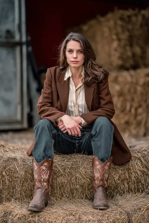A woman over 40 in bootcut jeans, a silk blouse, and a wool coat styled with embroidered cowboy boots near a stage decorated with hay bales 