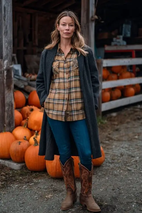 A woman over 40 in dark skinny jeans tucked into tall cowboy boots, plaid button-down shirt, and a wool coat, standing by a rustic barn with pumpkins 
