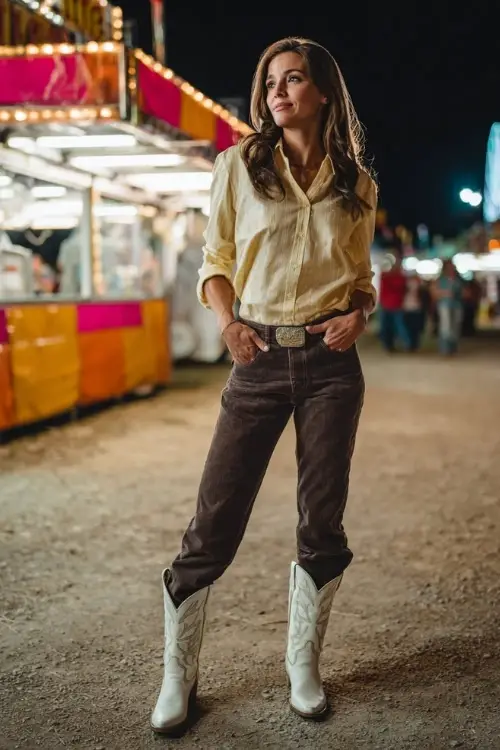 A woman over 40 in dark straight-leg jeans with a tucked-in silk blouse and white cowboy boots, standing near a fall fairground concert 