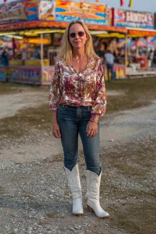 A woman over 40 in dark straight-leg jeans with a tucked-in silk blouse and white cowboy boots, standing near a fall fairground concert 