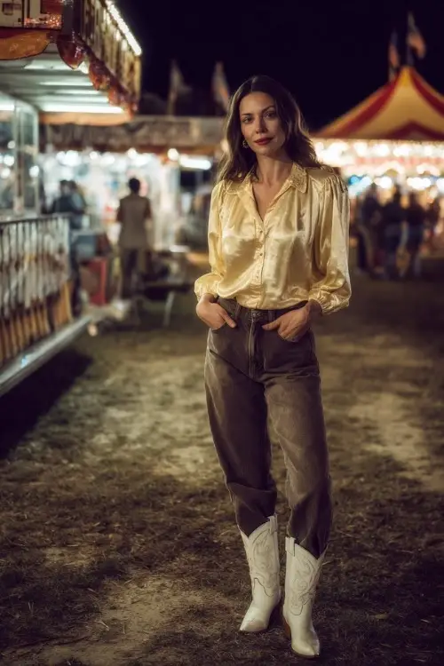 A woman over 40 in dark straight-leg jeans with a tucked-in silk blouse and white cowboy boots, standing near a fall fairground concert