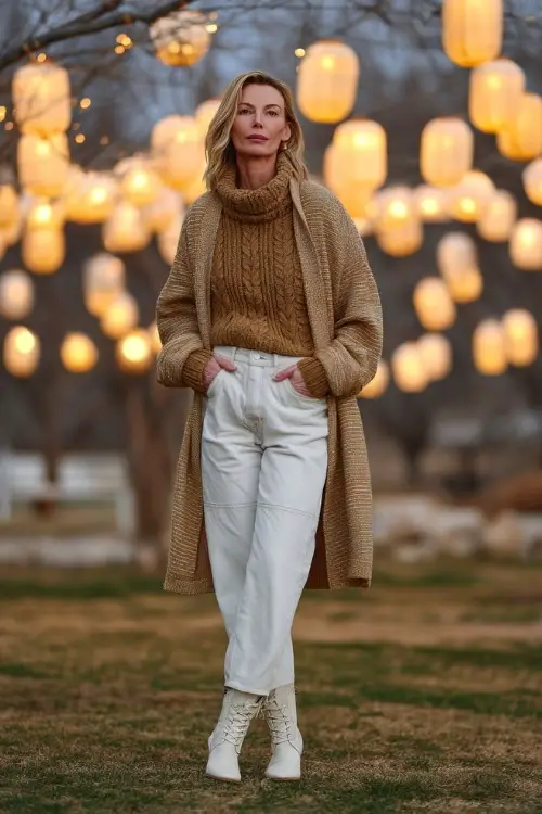 A woman over 40 in high-waisted jeans, a knit turtleneck sweater, and white cowboy boots with a wool wrap coat near glowing lanterns 
