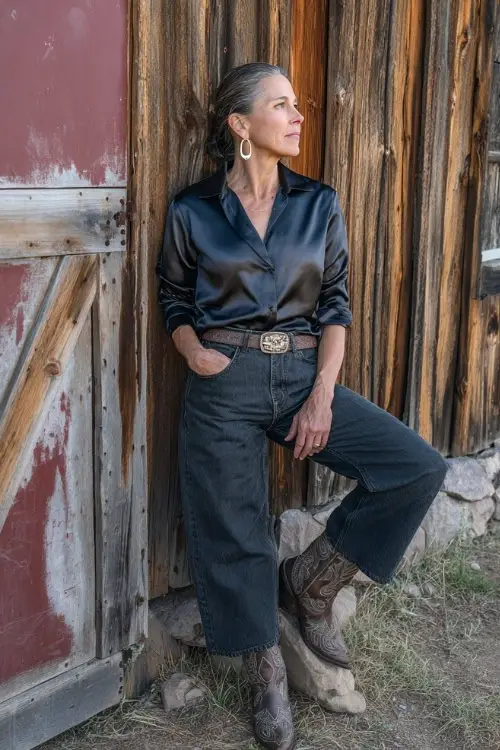 A woman over 40 in tailored bootcut jeans, a tucked-in satin blouse, and embroidered cowboy boots, accessorized with a leather belt and hoop earrings 