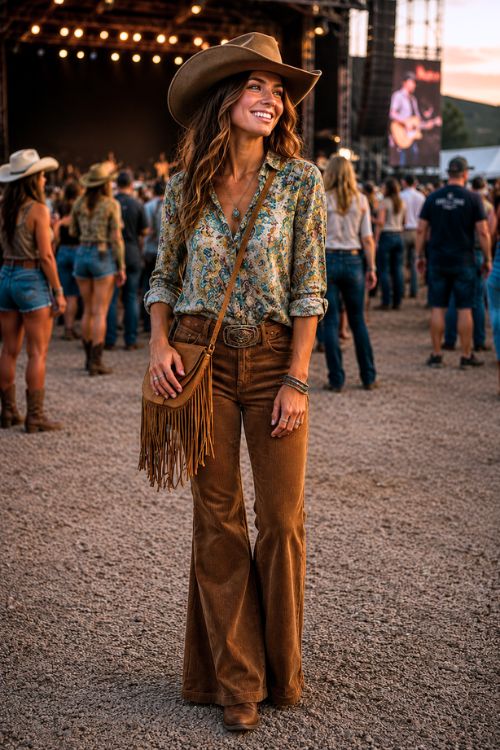 A woman over 40 in wide-leg jeans with a tucked-in silk blouse, suede boots, and a fringe crossbody bag at a fairground concert