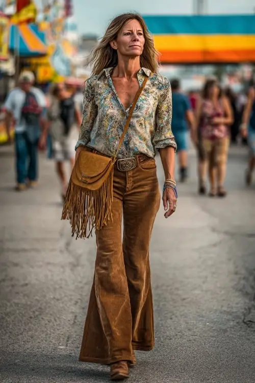 A woman over 40 in wide-leg jeans with a tucked-in silk blouse, suede boots, and a fringe crossbody bag at a fairground concert 