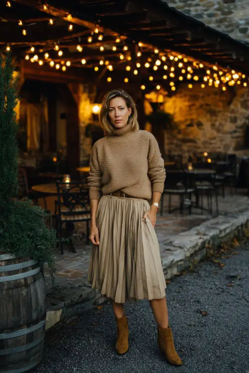 A woman over 40 wearing a camel cashmere sweater tucked into a pleated midi skirt with suede boots, standing near a rustic fall pub with warm golden lights 