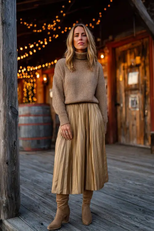 A woman over 40 wearing a camel cashmere sweater tucked into a pleated midi skirt with suede boots, standing near a rustic fall pub with warm golden lights 