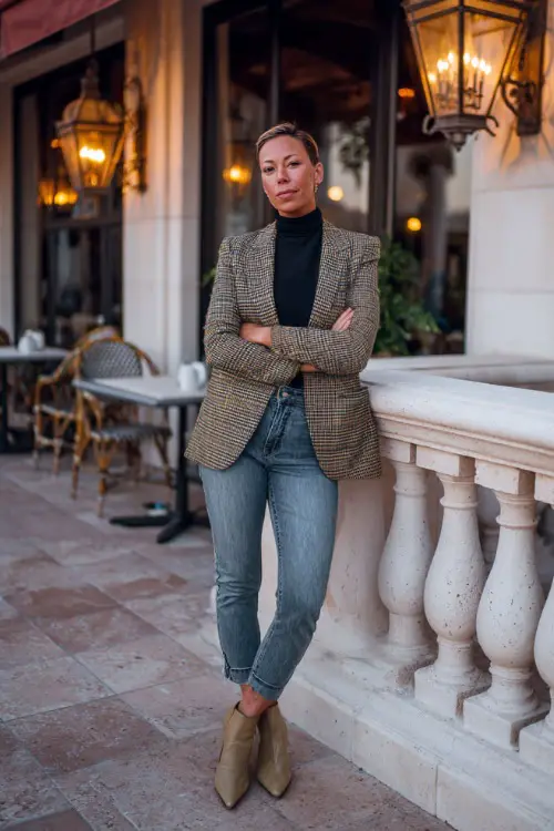 A woman over 40 wearing a tailored plaid blazer over a black turtleneck, slim-fit jeans, and pointed ankle boots 