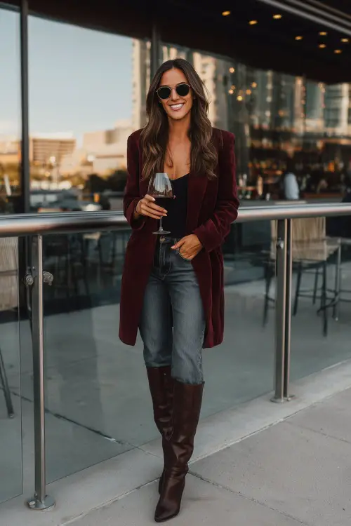 A woman over 40 wearing dark denim jeans, a burgundy longline blazer, and heeled ankle boots, standing outside a modern bar on a crisp fall night 