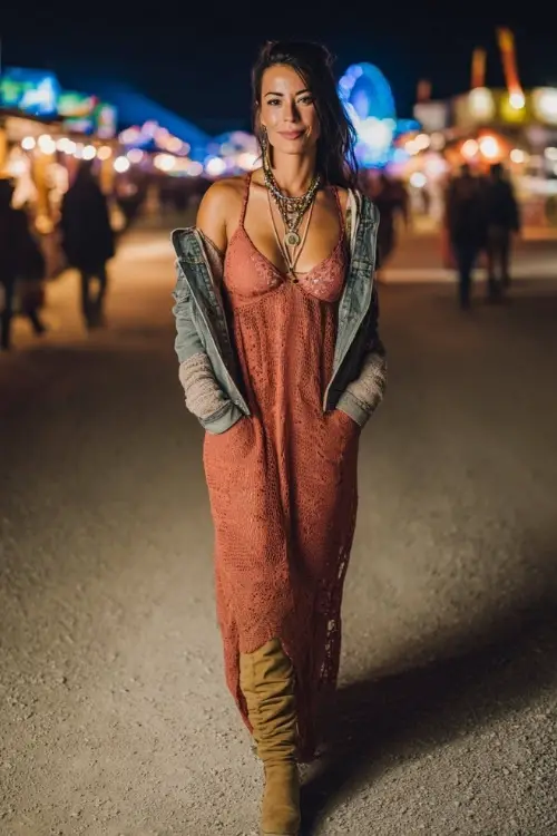 A woman over 40 wears a bohemian crochet maxi dress with a denim jacket, layered necklaces, and suede boots under festival lights