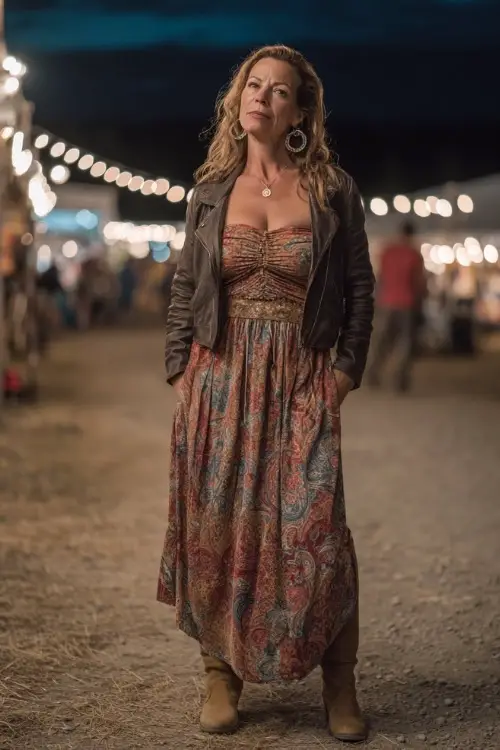 A woman over 40 wears a bohemian paisley maxi dress layered with a cropped leather jacket, suede boots, and statement earrings under string lights at a country concert 