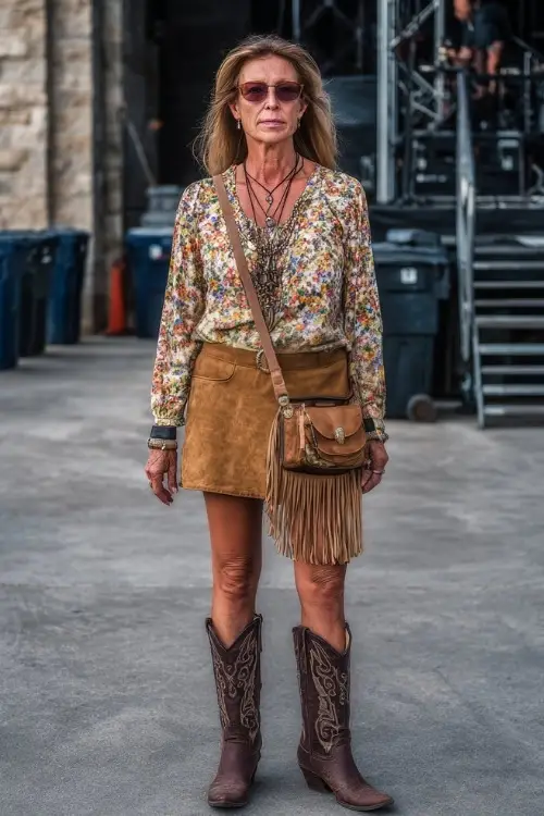 A woman over 40 wears a floral blouse tucked into a suede skirt with cowboy boots, layered necklaces, and a fringe bag at a fall concert venue 
