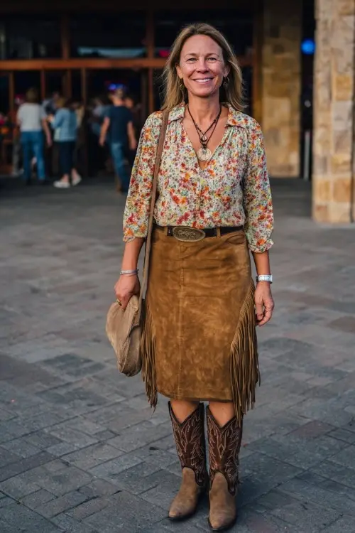 A woman over 40 wears a floral blouse tucked into a suede skirt with cowboy boots, layered necklaces, and a fringe bag at a fall concert venue 