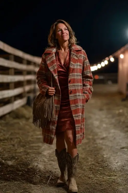 A woman over 40 wears a long plaid coat over a velvet dress with cowboy boots, holding a fringe bag at a nighttime barn concert 