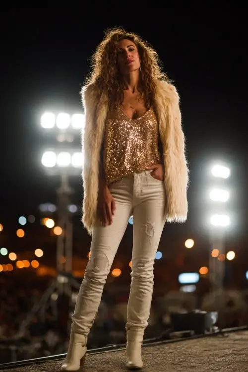 A woman over 40 wears a sequin top with a faux-fur coat, skinny jeans, and white boots under night concert lights 