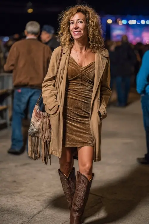 A woman over 40 wears a velvet wrap dress with a wool trench coat and tall cowboy boots, carrying a fringe bag at a nighttime concert 