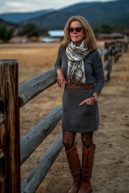 A woman over 50 wears a belted sweater dress with opaque tights, paired with tall western boots and a plaid scarf, standing near a wooden fence at a fall concert field 