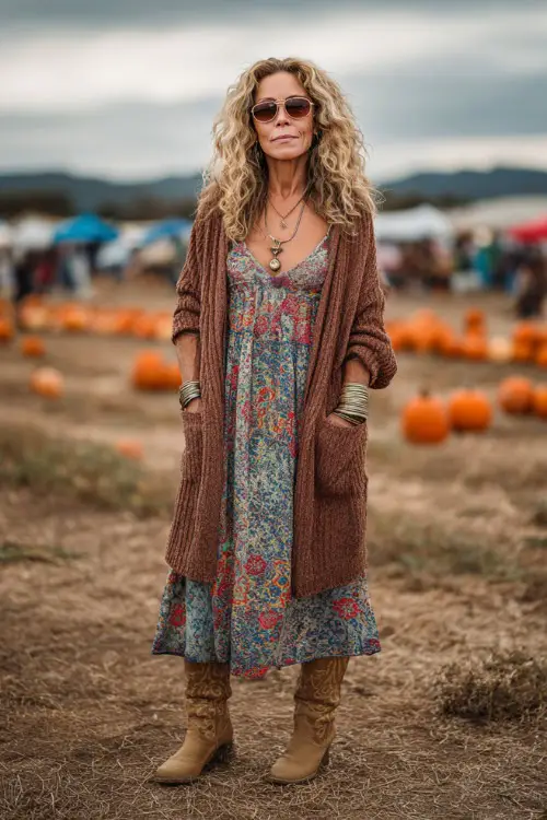 A woman over 50 wears a bohemian maxi dress with a long wool cardigan, paired with suede cowboy boots and layered jewelry 