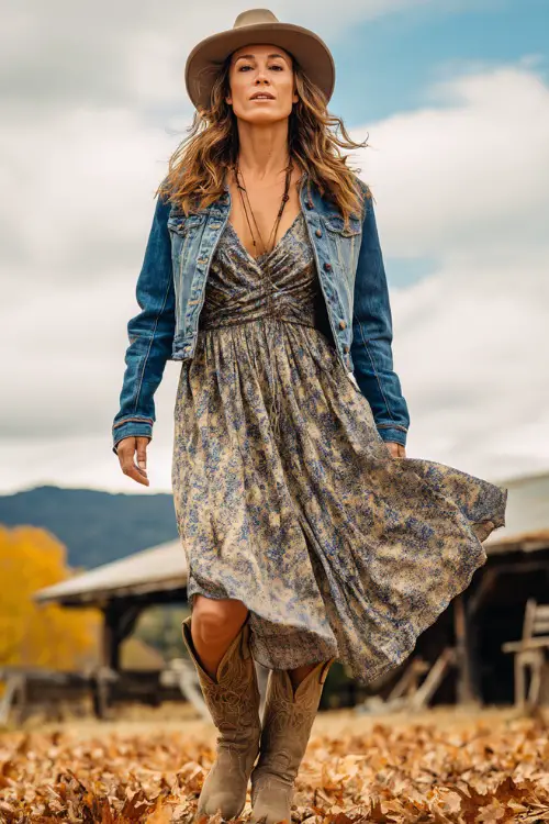 A woman over 50 wears a flowy wrap dress layered with a denim jacket, styled with cowboy boots and a wool felt hat, standing in a field of autumn leaves near a rustic stage 