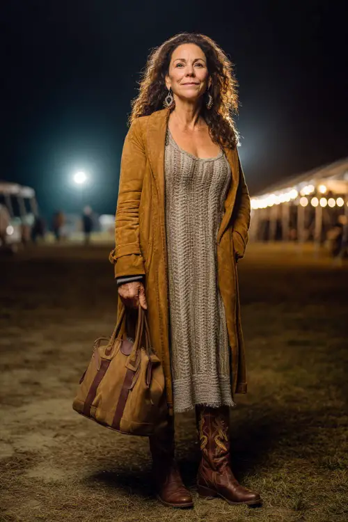 A woman over 50 wears a knit maxi dress with a long suede coat, paired with brown cowboy boots and a structured handbag 
