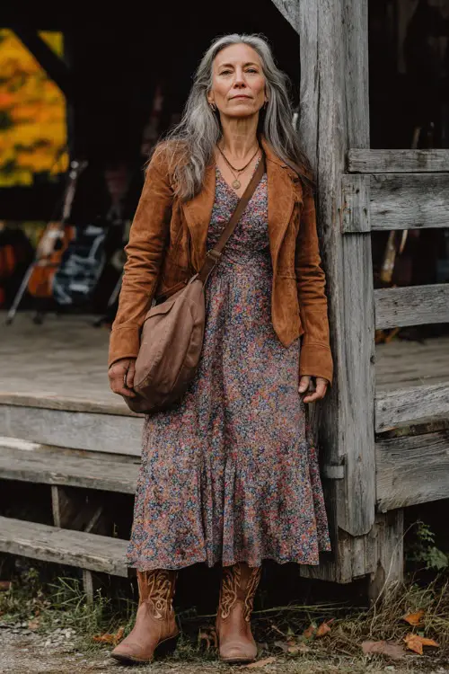 A woman over 50 wears a long sleeve floral midi dress with a suede jacket, paired with brown cowboy boots and a leather crossbody bag 