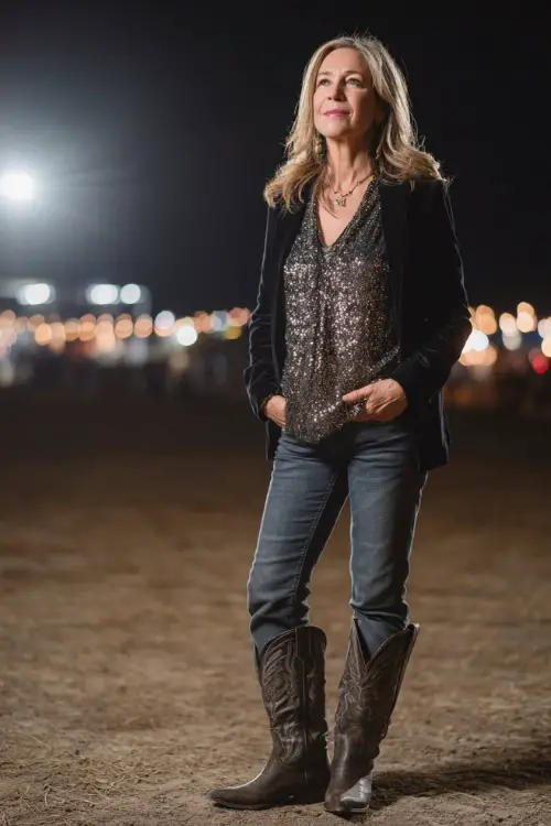 A woman over 50 wears a sequined blouse under a black velvet blazer, styled with straight-leg jeans and tall cowboy boots 
