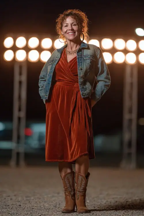 A woman over 50 wears a velvet wrap dress layered with a cropped denim jacket, paired with heeled cowboy boots and hoop earrings 