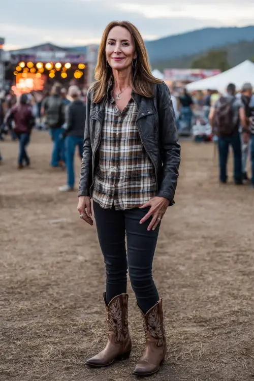 A woman over 50 wears black skinny jeans with a plaid button-down shirt tucked in, styled with a leather jacket and brown cowboy boots 