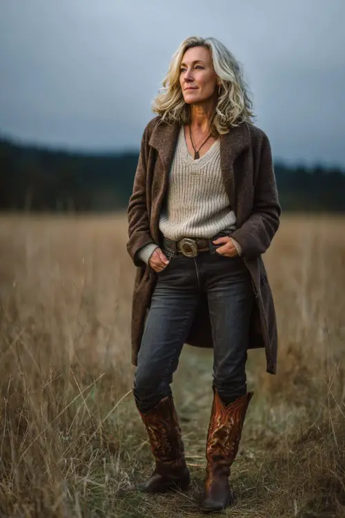 A woman over 50 wears dark bootcut jeans with a fitted knit sweater and a belted wool coat, styled with tall western boots at a lantern-lit country concert field 