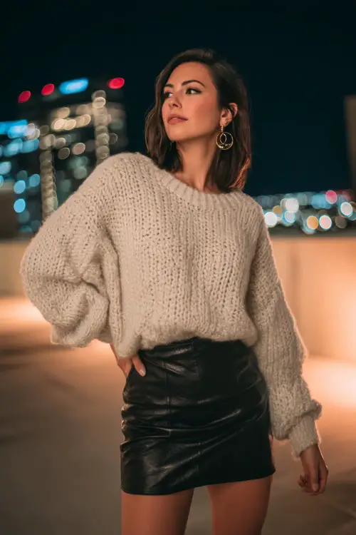A woman wearing a chunky oversized knit sweater tucked into a black leather mini skirt, styled with black ankle boots and subtle hoop earrings 