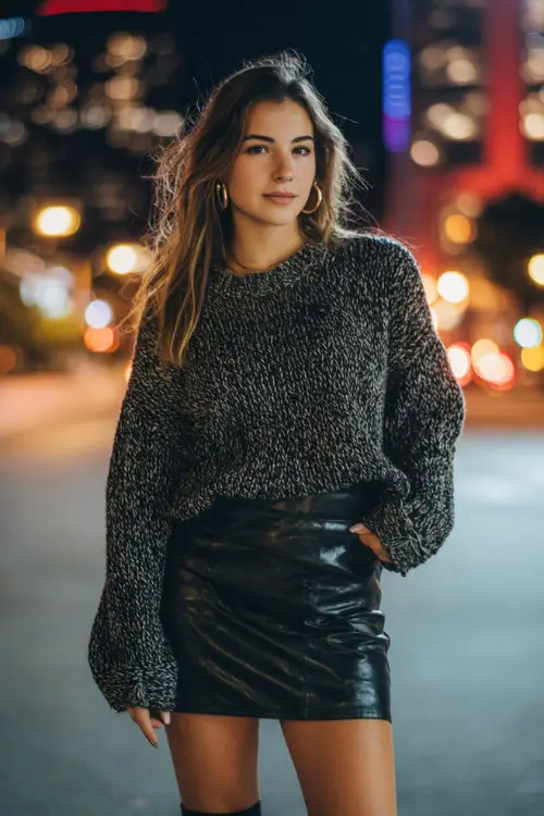A woman wearing a chunky oversized knit sweater tucked into a black leather mini skirt, styled with black ankle boots and subtle hoop earrings 
