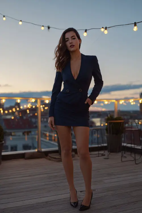 A woman wearing a fitted blazer dress in deep navy with pointed black heels, standing at a rooftop bar under autumn string lights