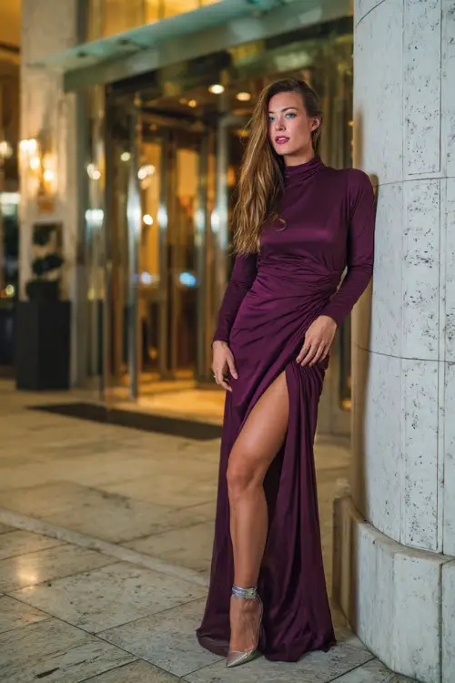 A woman wearing a floor-length plum evening gown with a thigh slit and metallic heels, posing outside a luxury hotel bar in autumn 