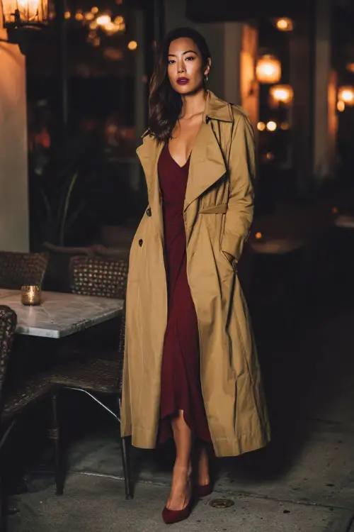 A woman wearing a long camel trench coat layered over a burgundy midi dress with pumps, posing outside a sophisticated fall night bar 