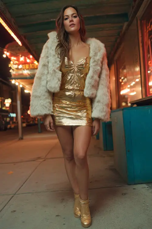 A woman wearing a metallic mini dress layered with a faux fur jacket and heels, standing near a lively fall rooftop bar, full body outfit visible