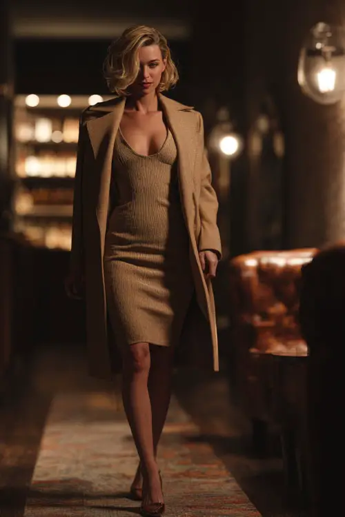 A woman wearing a tailored camel coat draped over a fitted midi dress with heels, walking into a candlelit fall lounge