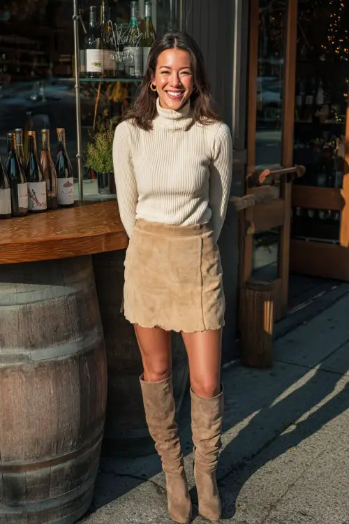 A woman wearing a tan suede mini skirt, cream turtleneck, and knee-high boots, smiling outside a cozy fall wine bar 