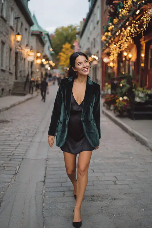 A woman wearing a velvet blazer over a silk slip dress with pointed heels, walking down a cobblestone street lined with fall lights 