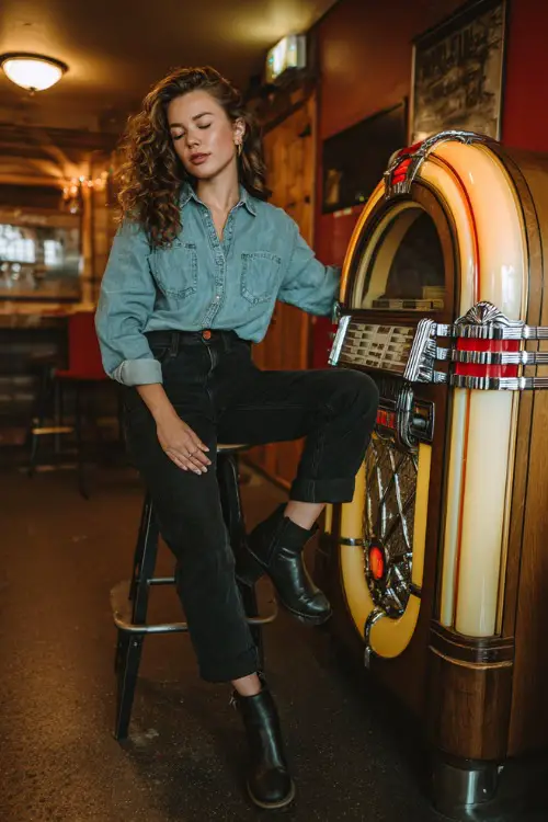 A woman wearing black jeans, a denim button-up shirt, and ankle boots, standing near a jukebox in a cozy fall bar 