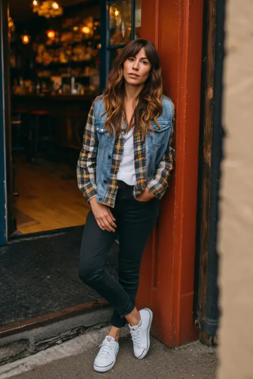 A woman wearing black skinny jeans, a plaid flannel shirt layered with a denim jacket, and white sneakers, leaning against the entrance of a casual autumn bar 