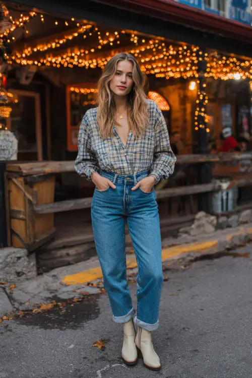 A woman wearing blue mom jeans, a plaid button-up shirt, and Chelsea boots 