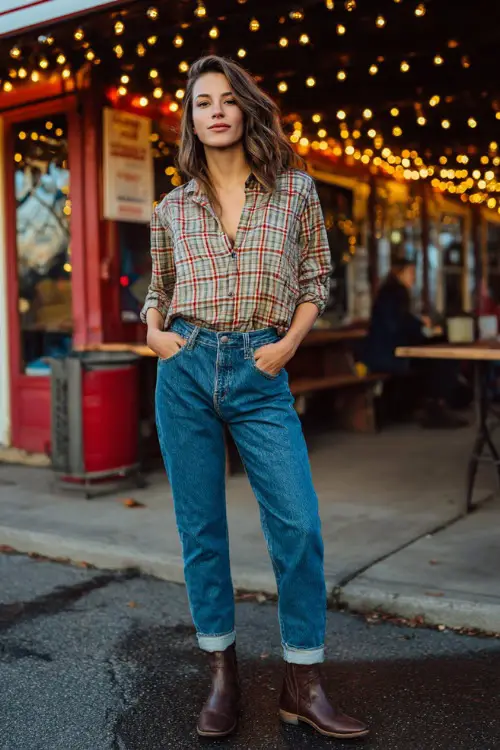 A woman wearing blue mom jeans, a plaid button-up shirt, and Chelsea boots 