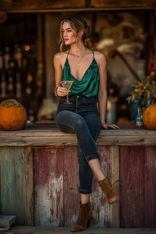 A woman wearing dark skinny jeans, a silky emerald camisole, and heeled ankle boots