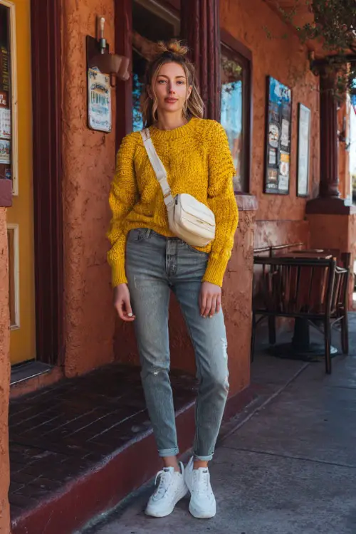 A woman wearing mom jeans, a mustard yellow knit sweater, and white low-top sneakers, carrying a small crossbody bag outside a neighborhood pub 