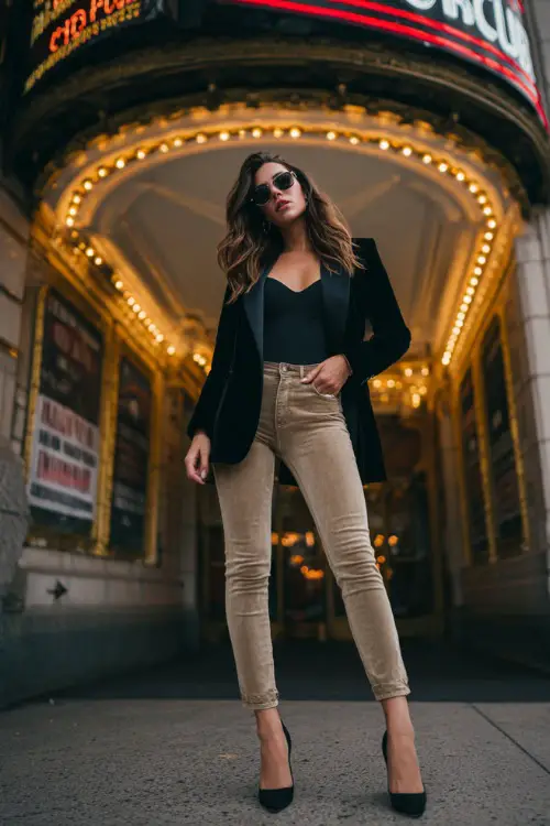 A woman wearing skinny jeans, an oversized blazer, and pointed heels, standing outside a trendy fall club entrance with glowing signs, full body outfit visible 